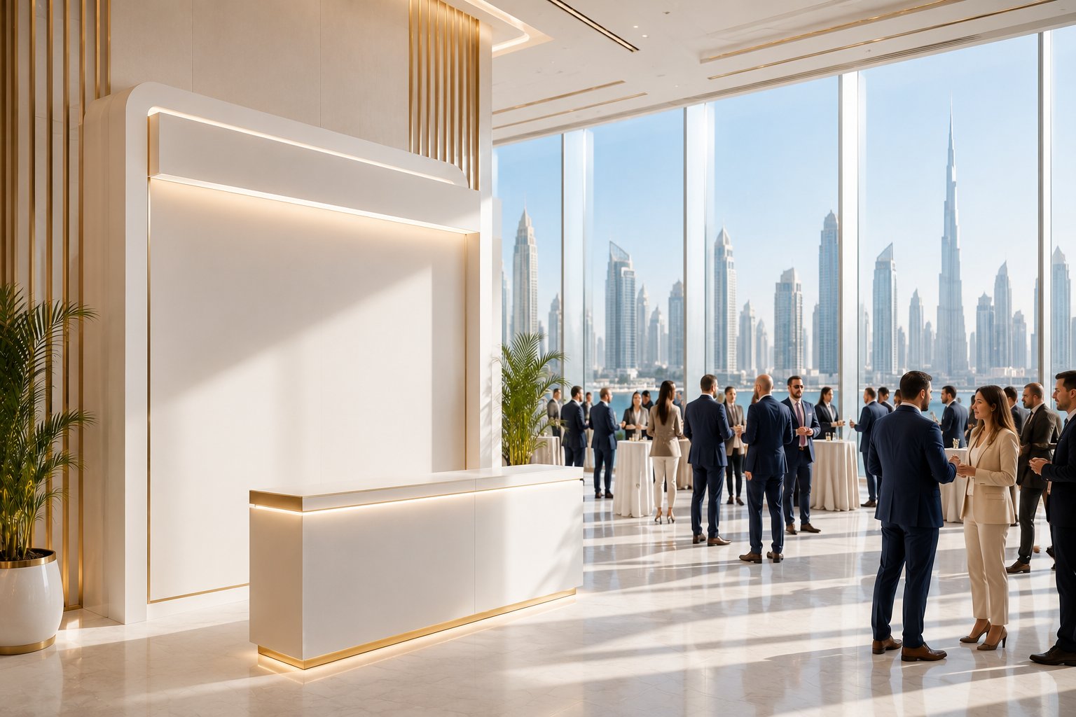 Corporate event in a bright Dubai venue overlooking the skyline