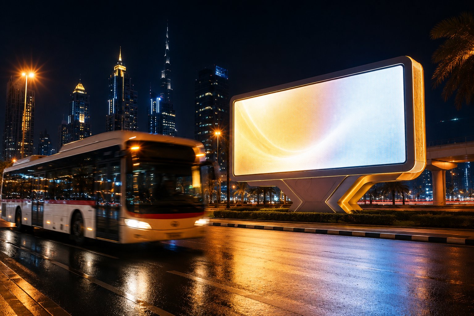 Digital LED screen and branded city bus in Dubai at night