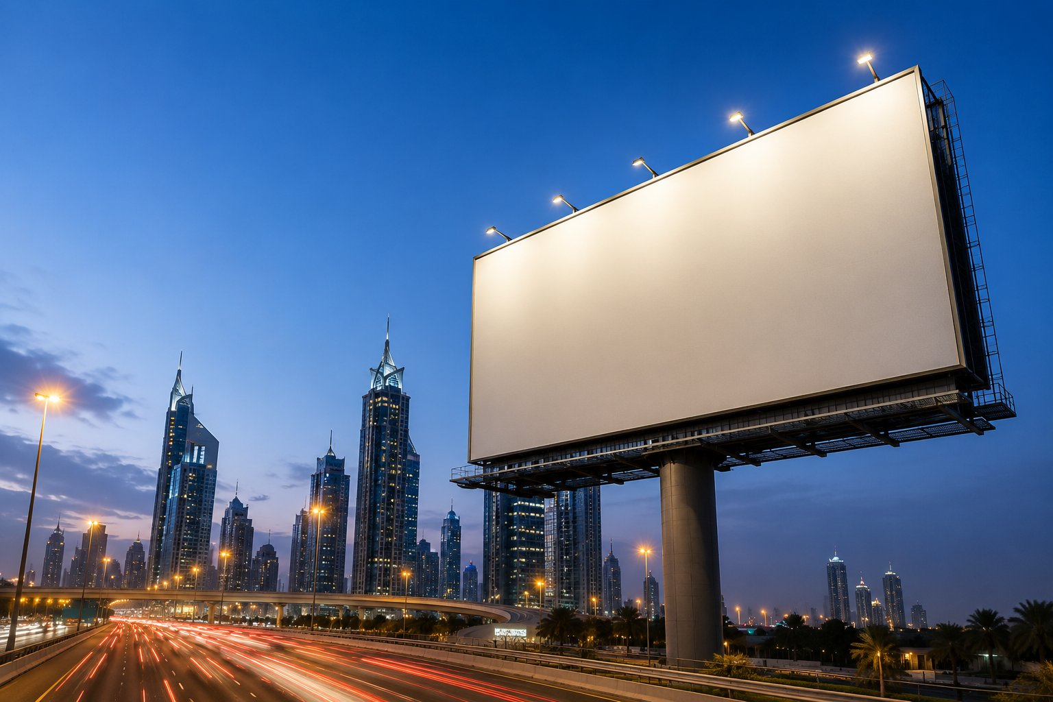 Unipole billboard overlooking a Dubai highway at dusk