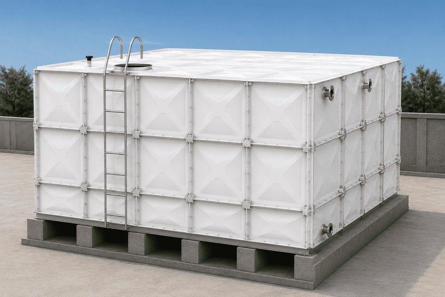GRP sectional panel water tank on a rooftop plinth